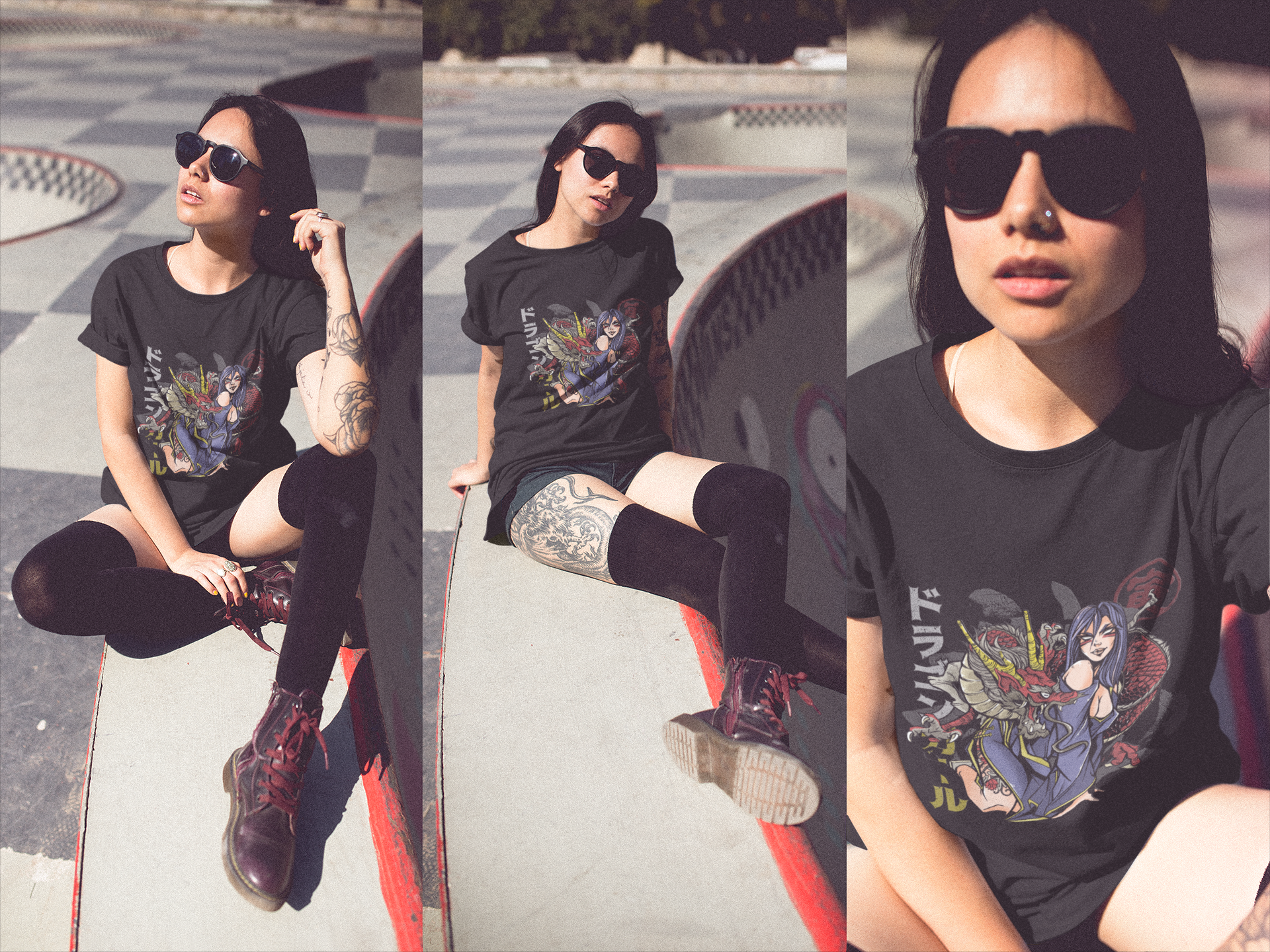 triple-t-shirt-mockup-of-a-tattooed-woman-at-a-skatepark-a19023 - Godarm