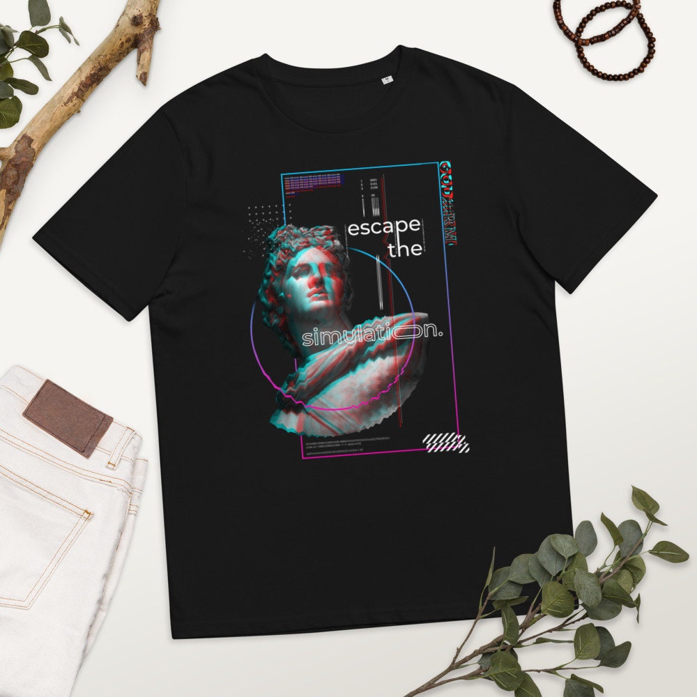 Unisex GODARM Organic Cotton Escape The Simulation Vaporwave Shirt | Black | White | French Navy - Godarm